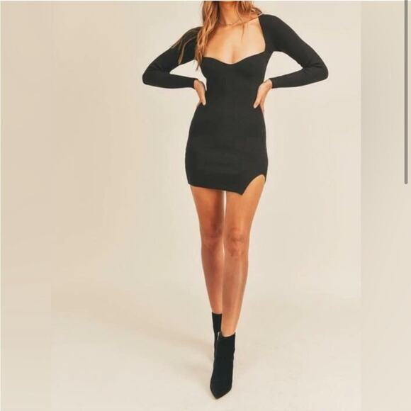 MABLE Ribbed Mini Black Sweater Dress Size L Sweetheart Neckline Party Bodycon - Picture 1 of 7